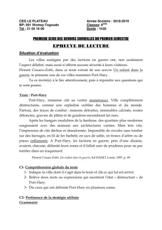 Première page de Français 6e — 1er devoir surveillé, 1er semestre (2018-2019) · CEG Le Plateau