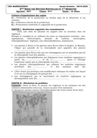 Première page de SVT 5e — Devoir surveillé, 1er semestre (2019-2020) · CEG MAREGOUROU