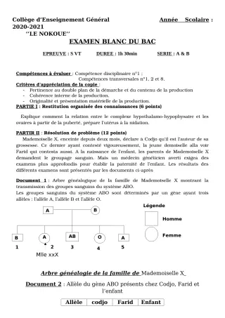 Première page de Examen Blanc de SVT — Tle A1, Tle A2, Tle B — CEG LE NOKOUE (2020)