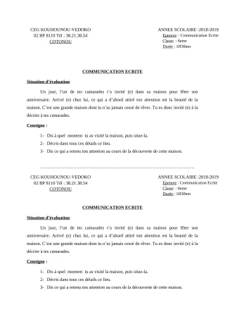 Première page de Devoir surveillé de FRANCAIS — 6e — CEG Kouhounou-Vêdoko (2018)
