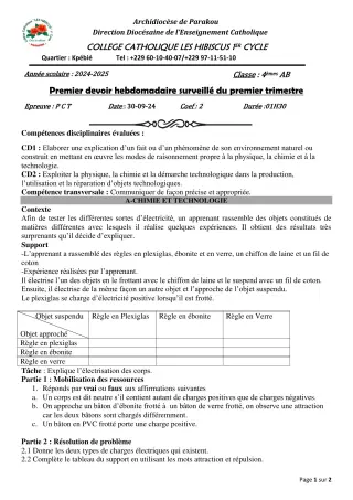 Première page de PCT 4e — 1er devoir surveillé, 1er trimestre (2024-2025) · Hibiscus 1er cycle