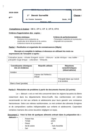 Première page de SVT 6e — Devoir surveillé, 1er semestre (2018-2019) · CEG2 ABOMEY - CALAVI (CEG ZOCA)