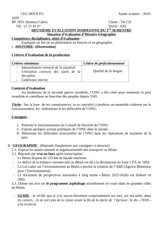 Première page de Histoire-Géographie Tle C, Tle D — 2e évaluation sommative, 1er semestre (2019-2020) · CEG HOUETO