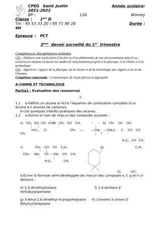 Première page de PCT 1ère D — 2e devoir surveillé, 1er trimestre (2021-2022) · CPEG SAINT Justin