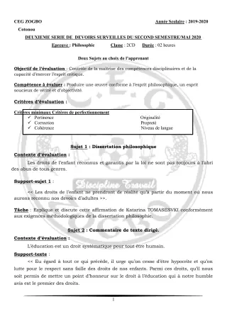 Première page de Philosophie 2nde C, 2nde D — 2e devoir surveillé, 2e semestre (2019-2020) · CEG ZOGBO