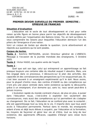 Première page de Français 1ère B, 1ère C, 1ère D, Tle A2 — 1er devoir surveillé, 1er semestre (2020-2021) · CEG du Lac