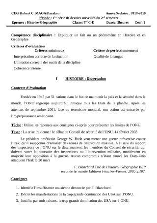 Première page de Histoire-Géographie Tle C, Tle D — 1er devoir surveillé, 2e semestre (2018-2019) · CEG Hubert C. MAGA