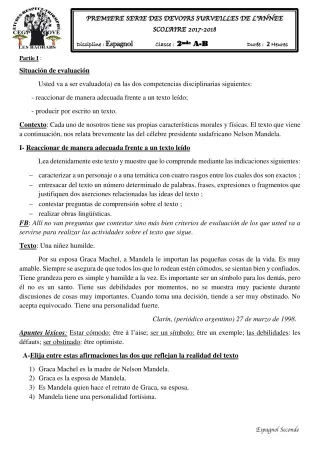 Première page de Espagnol 2nde A2 — 1er devoir surveillé (2017-2018) · CEG1 Covè