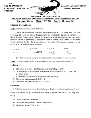 Première page de Mathématiques 2nde A & B — 1re évaluation sommative, 1er semestre (2019-2020) · CEG Dantokpa