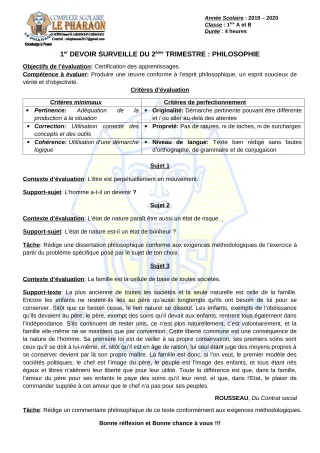 Première page de Philosophie 1ère A, 1ère B — 1er devoir surveillé, 2e trimestre (2019-2020) · CPEG LE PHARAON