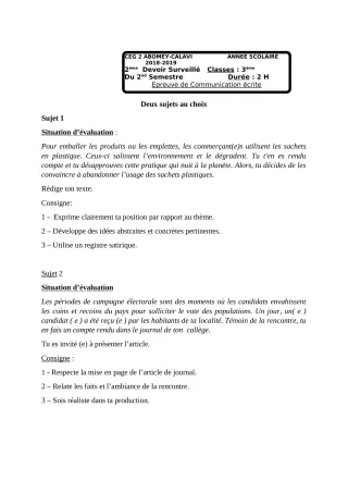 Première page de Français 3e, 3e ML — 2e devoir surveillé, 2e semestre (2018-2019) · CEG2 ABOMEY - CALAVI (CEG ZOCA)