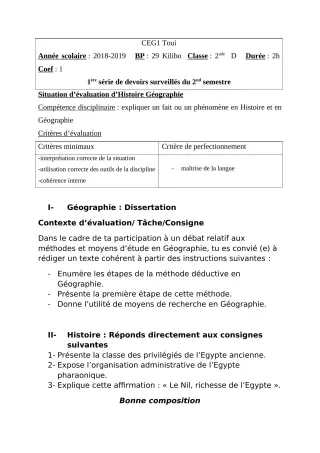 Première page de Histoire-Géographie 2nde D — 1er devoir surveillé, 2e semestre (2018-2019) · CEG TOUI