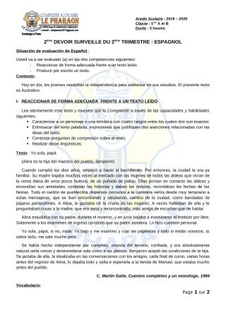 Première page de Espagnol 1ère A, 1ère B — 2e devoir surveillé, 2e trimestre (2019-2020) · CPEG LE PHARAON