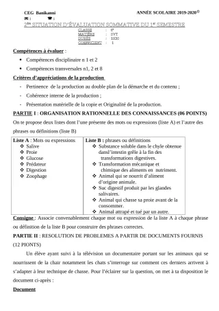 Première page de SVT 6e, 5e, 4e, 4e ML, 3e, 3e ML, 2nde A2, 2nde B, 2nde C, 2nde D, 1ère A2, 1ère B, 1ère C, 1ère D, Tle A1, Tle A2, Tle B, Tle C, Tle D — Évaluation sommative, 1er semestre (2019-2020) · CEG Banikanni