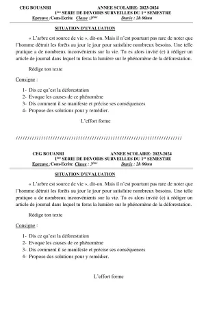 Première page de Français 3e — 1er devoir surveillé, 1er semestre (2023-2024) · CEG - BOUANRI