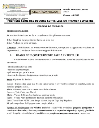 Première page de Espagnol 4e — 1er devoir surveillé, 1er semestre (2022-2023) · CEG ATROKPOCODJI