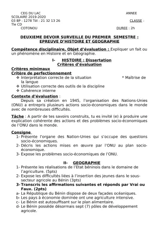 Première page de Histoire-Géographie Tle C, Tle D — 2e devoir surveillé, 1er semestre (2019-2020) · CEG du Lac