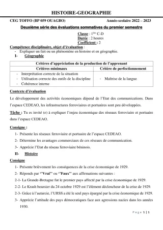 Première page de Histoire-Géographie 1ère C, 1ère D — 2e évaluation sommative, 1er semestre (2022-2023) · CEG - TOFFO