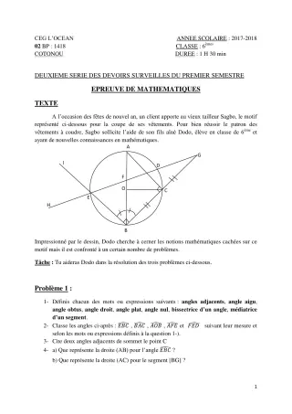 Première page de Mathématiques 6e — 2e devoir surveillé, 1er semestre (2017-2018) · CEG l'Océan