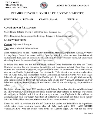 Première page de Allemand 1ère A2, 1ère B — 1er devoir surveillé, 2e semestre (2023-2024) · CEG Yagbe