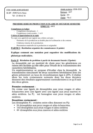 Première page de SVT Tle C — 1re production scolaire, 2e semestre (2018-2019) · CEG AGBLANGANDAN
