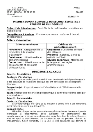 Première page de Philosophie 1ère A2, 1ère B — 1er devoir surveillé, 2e semestre (2020-2021) · CEG du Lac