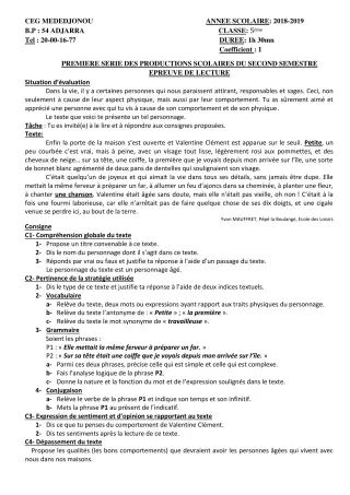 Première page de Français 5e — 1re production scolaire, 2e semestre (2018-2019) · CEG Mèdédjonou