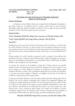 Première page de Français 2nde A2, 2nde D — 2e devoir surveillé, 1er semestre (2020-2021) · CEG SEKERE