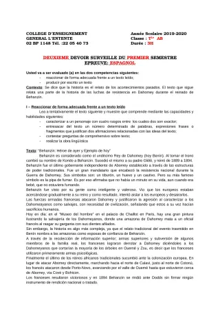 Première page de Espagnol Tle A2, Tle B — 2e devoir surveillé, 1er semestre (2019-2020) · CEG L'Entente