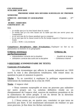 Première page de Histoire-Géographie 1ère A, 1ère A1, 1ère A2, 1ère B — 1er devoir surveillé (2018-2019) · CEG Kpomassè