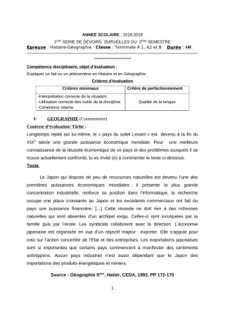 Première page de Histoire-Géographie Tle A & B, Tle A2 — 1er devoir surveillé, 2e semestre (2018-2019) · CEG Banikanni