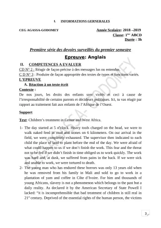 Première page de Anglais 1ère A, 1ère B, 1ère C, 1ère D — 1er devoir surveillé, 1er semestre (2018-2019) · CEG Agassa Godomey