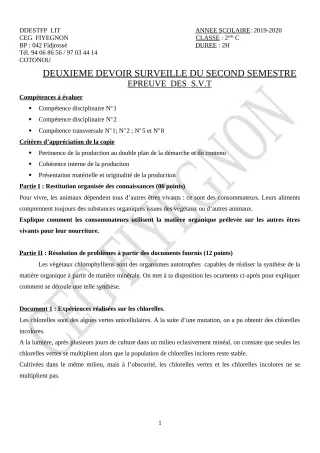 Première page de Mathématiques 2nde C — 2e devoir surveillé, 2e semestre (2019-2020) · CEG FIYEGNON