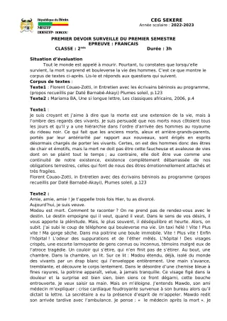 Première page de Français 2nde A2, 2nde D — 1er devoir surveillé, 1er semestre (2022-2023) · CEG SEKERE