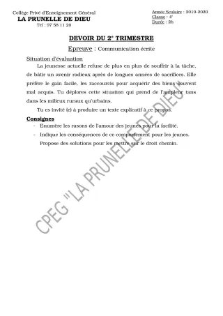 Première page de Français 4e, 4e ML — Devoir surveillé, 2e trimestre (2019-2020) · CEPG La Prunelle de Dieu