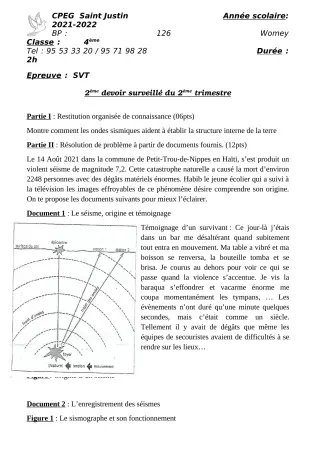 Première page de SVT 4e, 3e, Tle A2, Tle B — 2e devoir surveillé, 2e trimestre (2021-2022) · CPEG SAINT Justin