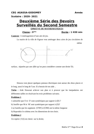 Première page de Mathématiques 5e — 2e devoir surveillé, 2e semestre (2020-2021) · CEG Agassa Godomey