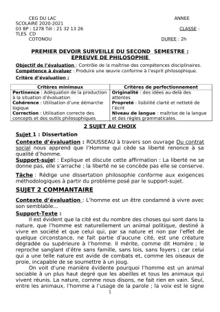 Première page de Philosophie Tle C, Tle D — 1er devoir surveillé, 2e semestre (2020-2021) · CEG du Lac