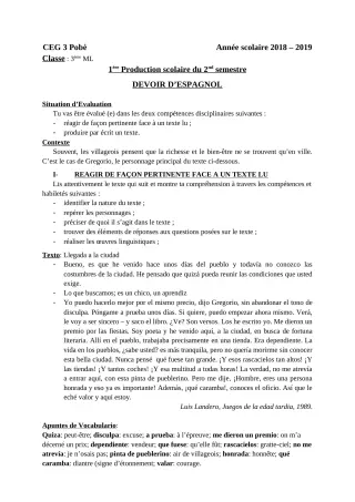 Première page de Espagnol 3e ML — 1re production scolaire, 2e semestre (2018-2019) · CEG3 Pobè (Akouho)