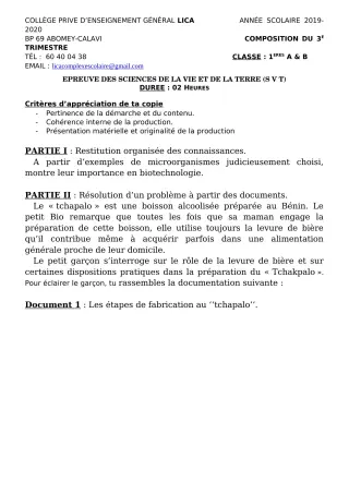 Première page de SVT 1ère A2, 1ère B — Composition, 1er trimestre (2019-2020) · CPEG LICA