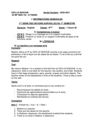 Première page de Anglais 6e — 1er devoir surveillé, 1er semestre (2020-2021) · CEG LE NOKOUE
