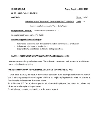 Première page de SVT 2nde C — Évaluation sommative, 1er semestre (2020-2021) · CEG LE NOKOUE