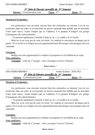 Première page de Français 4e — 1er devoir surveillé, 2e semestre (2020-2021) · CEG GOHO