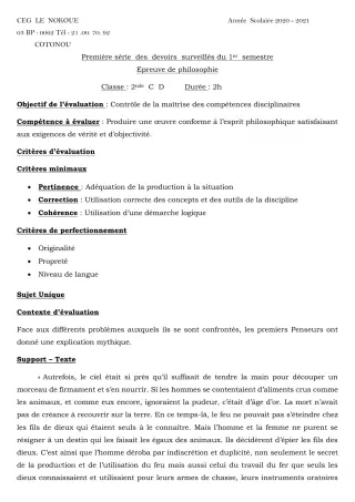 Première page de Philosophie 2nde C, 2nde D — 1er devoir surveillé, 1er semestre (2020-2021) · CEG LE NOKOUE