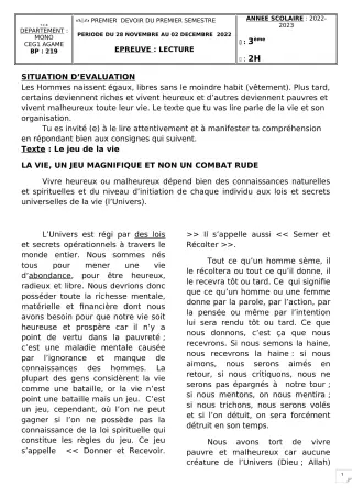 Première page de Français 3e, 3e ML — 1er devoir surveillé, 1er semestre (2022-2023) · CEG1 AGAME