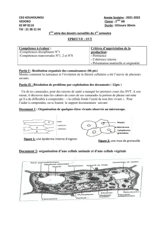 Première page de SVT 2nde A1, 2nde A2, 2nde B — 1er devoir surveillé, 1er semestre (2021-2022) · CEG Kouhounou-Vêdoko