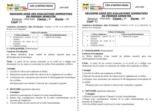 Première page de Histoire-Géographie 6e, 5e, 4e, 4e ML, 3e, 3e ML — 2e évaluation sommative, 1er semestre (2019-2020) · CEG Akpao-Ogou