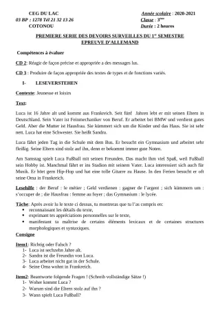 Première page de Allemand 3e ML — 1er devoir surveillé, 1er semestre (2020-2021) · CEG du Lac