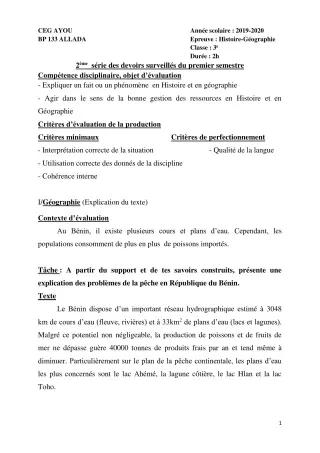Première page de Histoire-Géographie 3e ML — 2e devoir surveillé, 1er semestre (2019-2020) · CEG AYOU