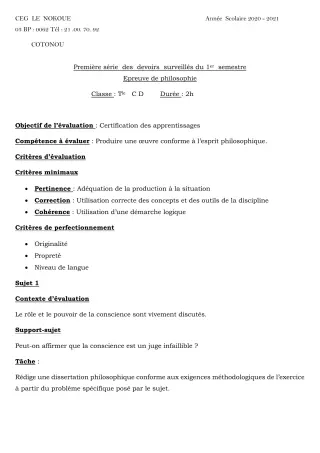 Première page de Philosophie Tle C, Tle D — 1er devoir surveillé, 1er semestre (2020-2021) · CEG LE NOKOUE
